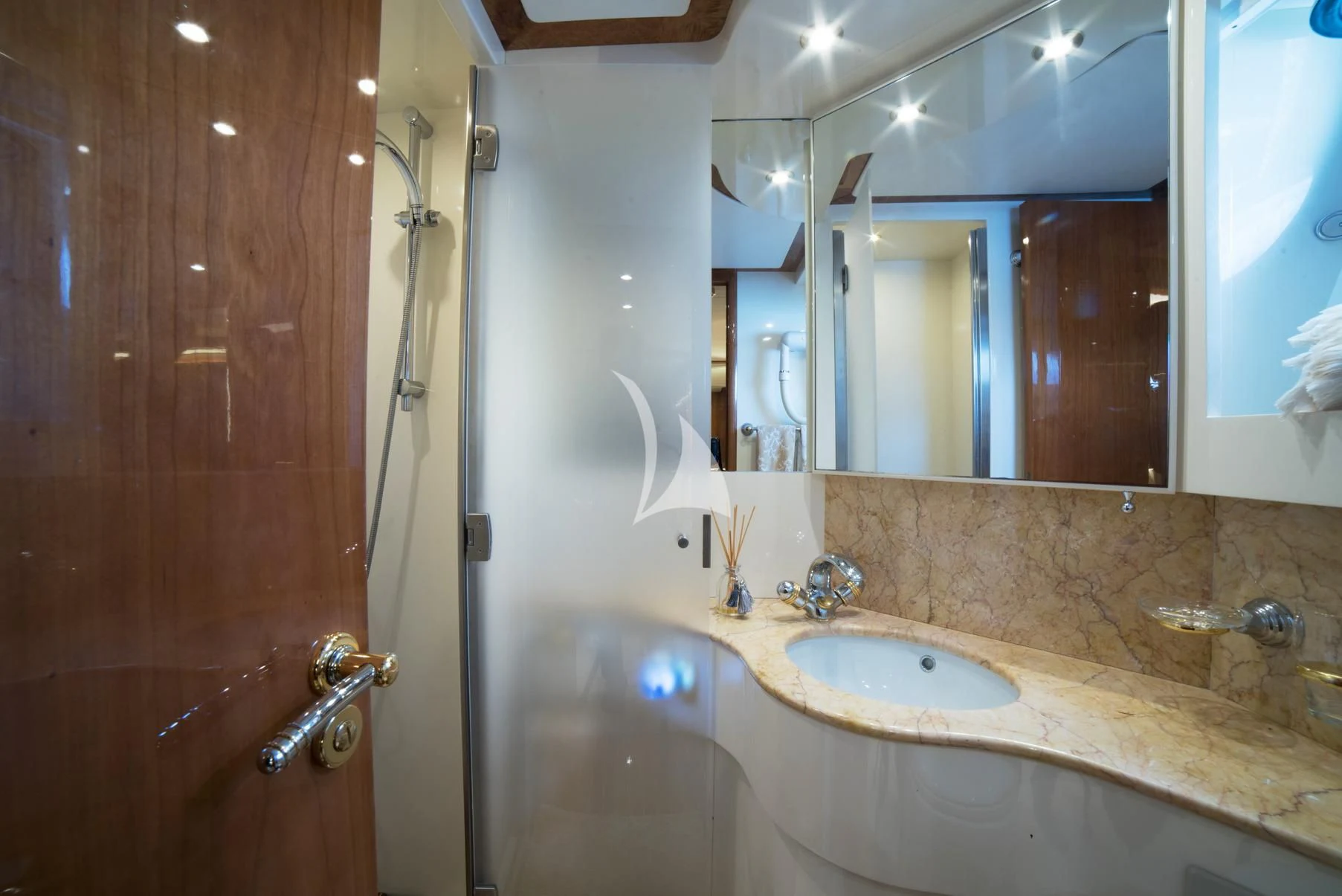 a bathroom with a sink and a shower aboard D'ARISTOTELIS Yacht for Sale