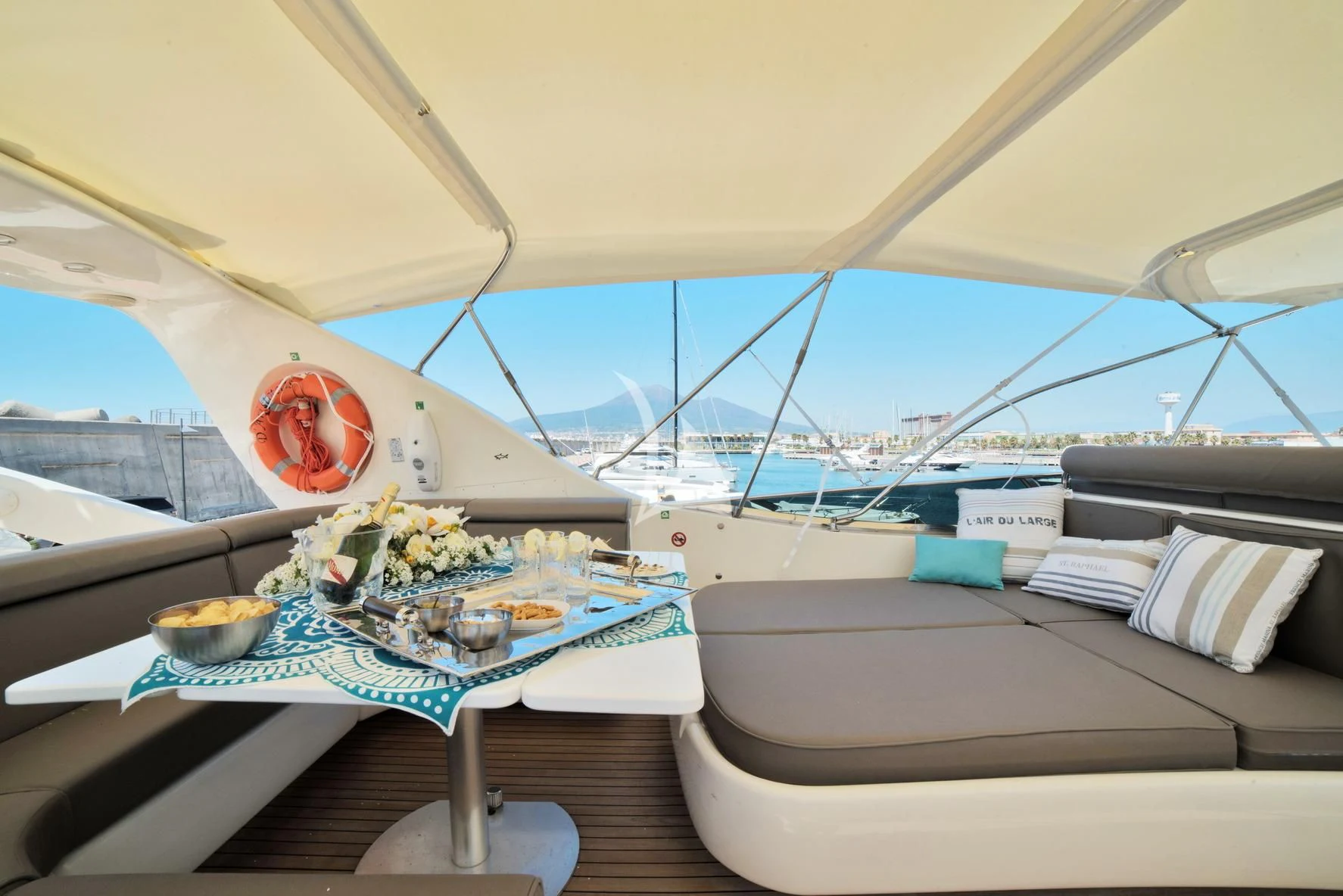 a tent with food on it aboard D'ARISTOTELIS Yacht for Sale