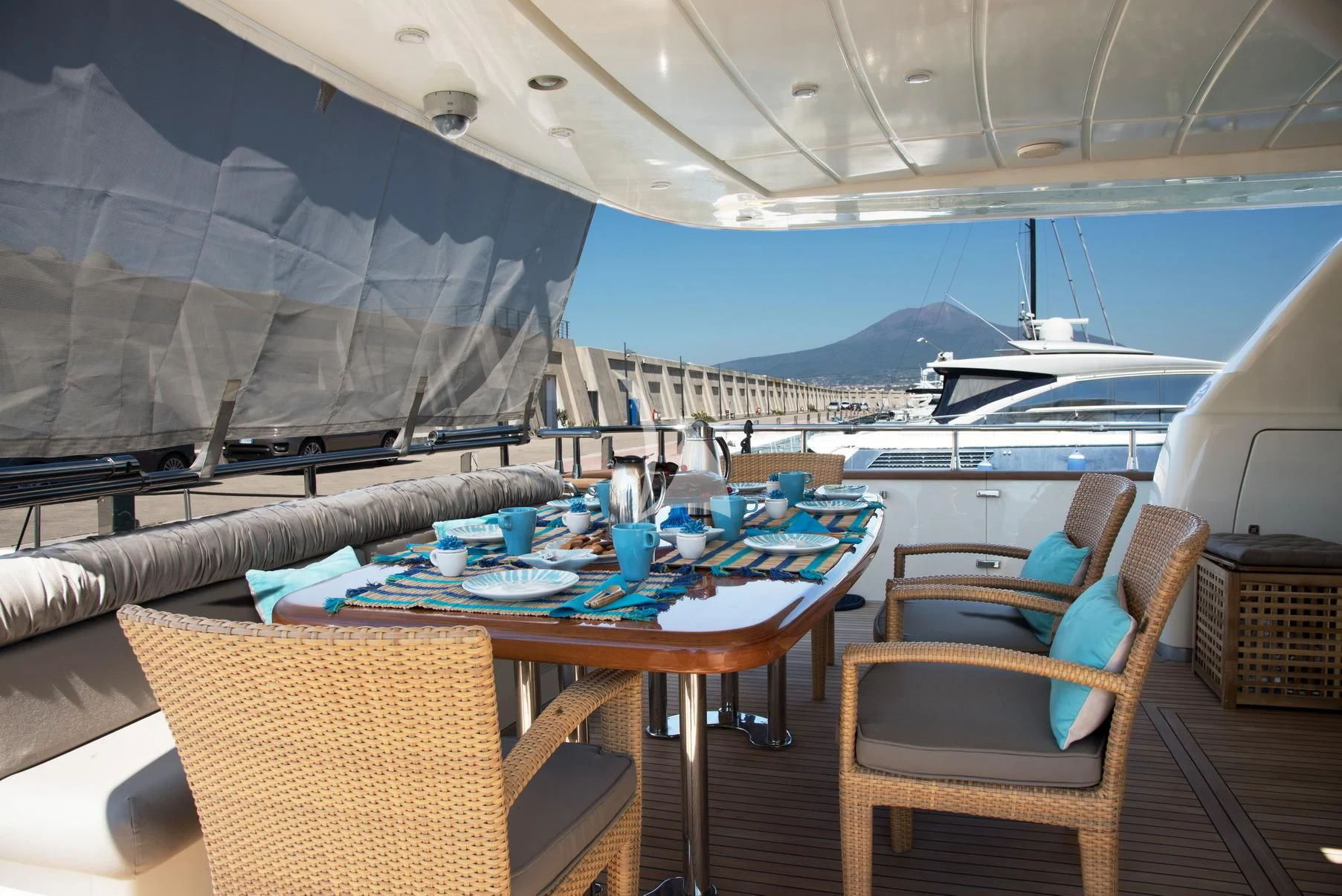 a tent with a table and chairs aboard D'ARISTOTELIS Yacht for Sale