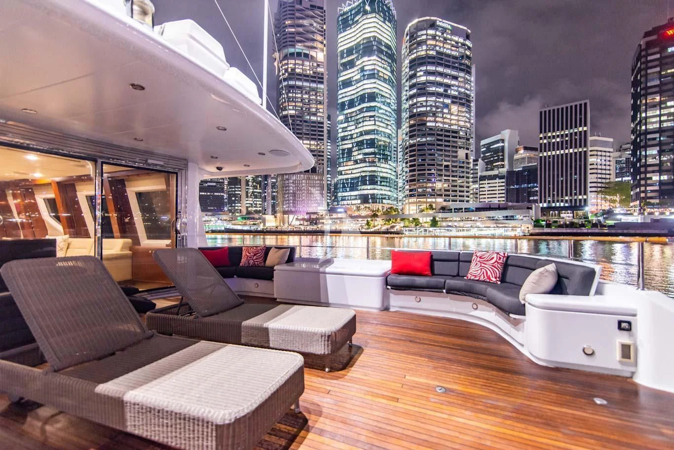 a modern looking living room with a city skyline aboard MASTEKA 2 Yacht for Charter