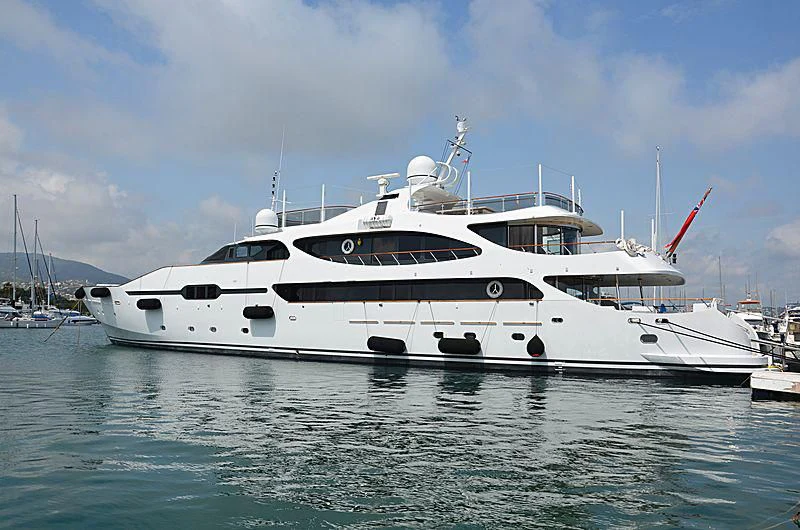 a white yacht in the water aboard JAMEEL Yacht for Sale