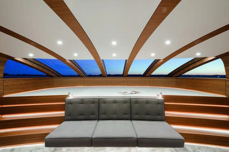 a wooden staircase with a railing aboard SILVER FAST Yacht for Sale