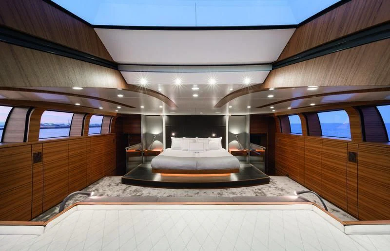 a large fountain in a building aboard SILVER FAST Yacht for Sale