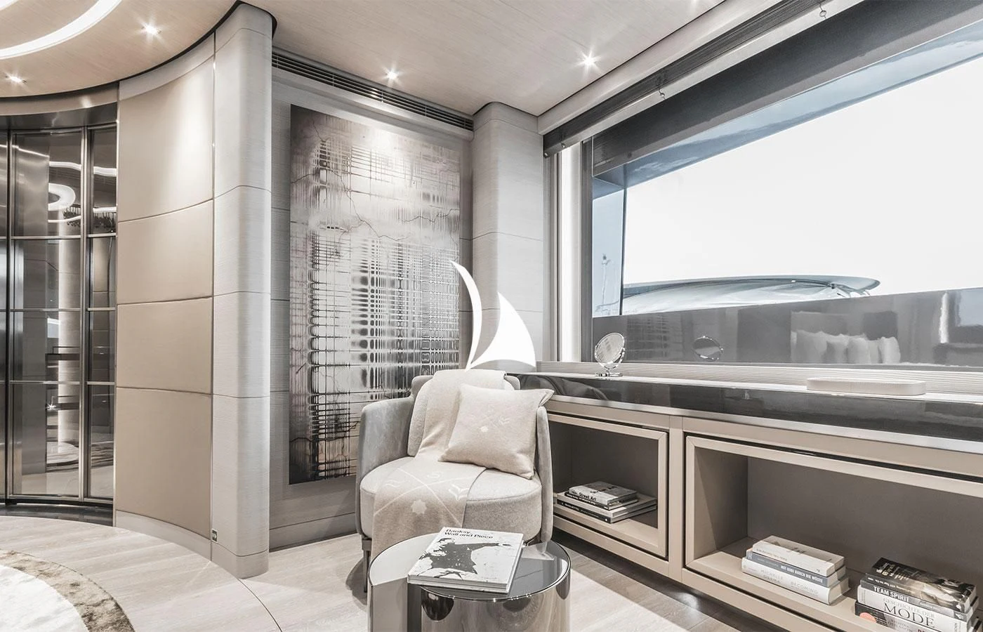 a room with a chair and a desk aboard SEVERIN°S Yacht for Charter