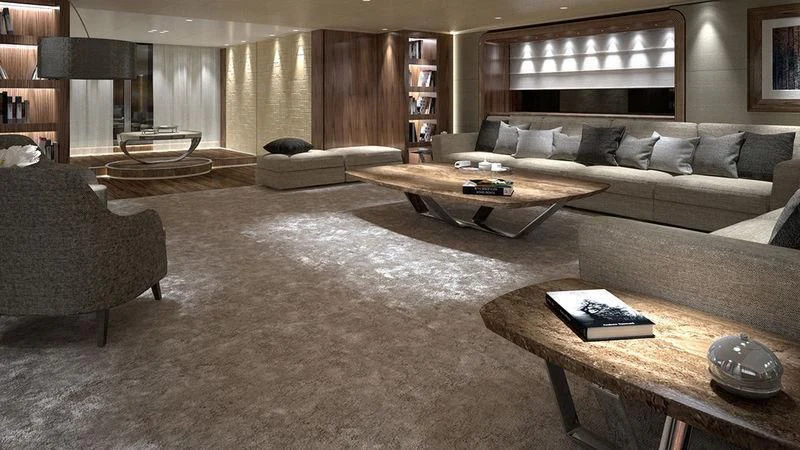 a living room with a couch and a coffee table aboard SEVERIN°S Yacht for Charter