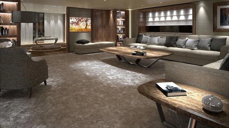 a living room with a couch and a coffee table aboard SEVERIN°S Yacht for Charter