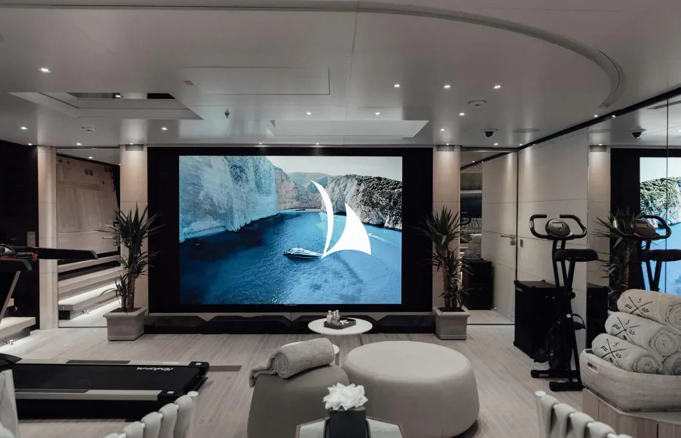 a large television in a room aboard SEVERIN°S Yacht for Charter