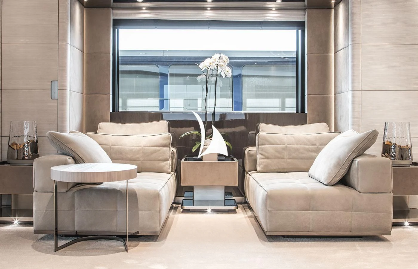 a living room with a large window aboard SEVERIN°S Yacht for Charter