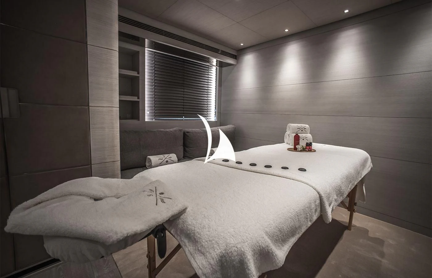 a couple of beds in a room aboard SEVERIN°S Yacht for Charter