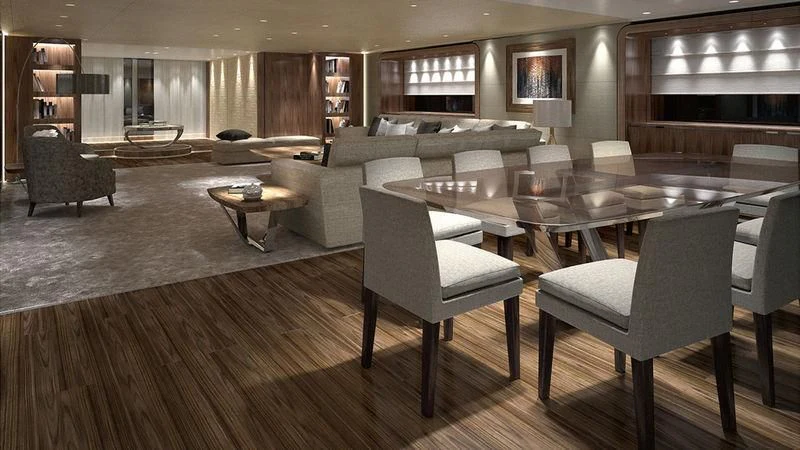 a large room with a table and chairs aboard SEVERIN°S Yacht for Charter