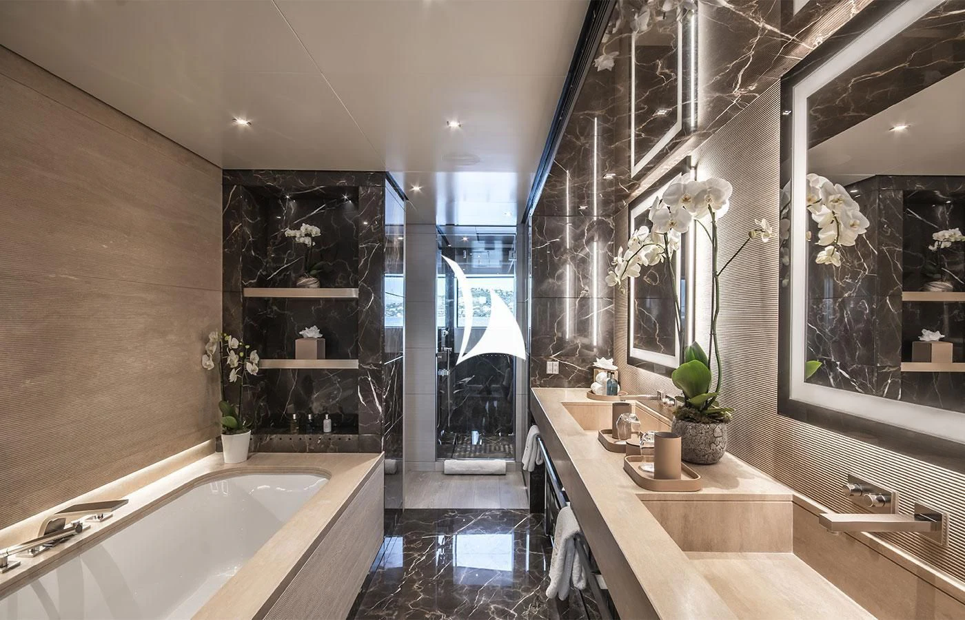 a bathroom with a large mirror aboard SEVERIN°S Yacht for Charter
