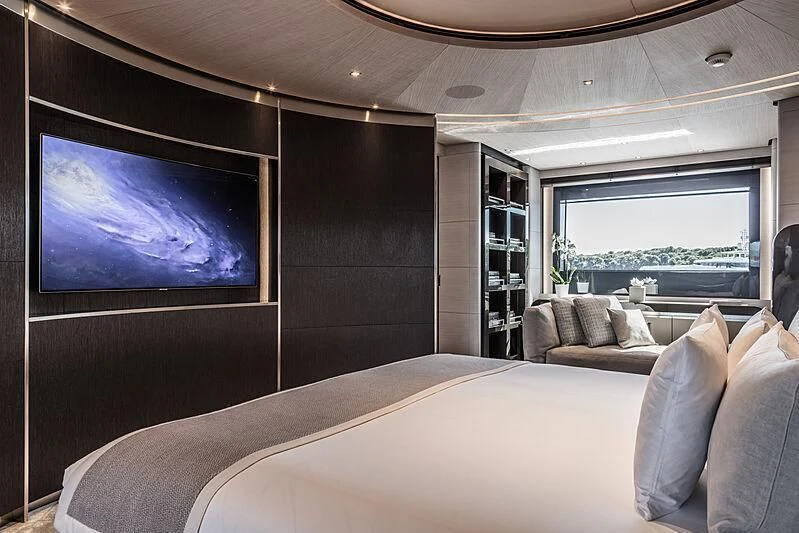 a large bed in a room aboard SEVERIN°S Yacht for Charter