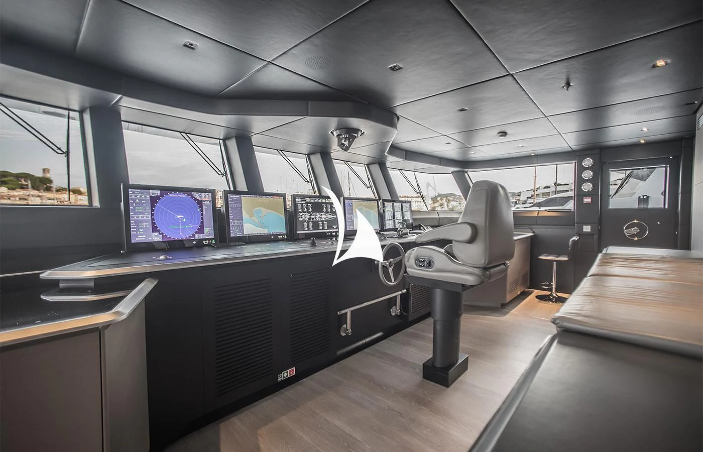 a room with a large screen aboard SEVERIN°S Yacht for Charter