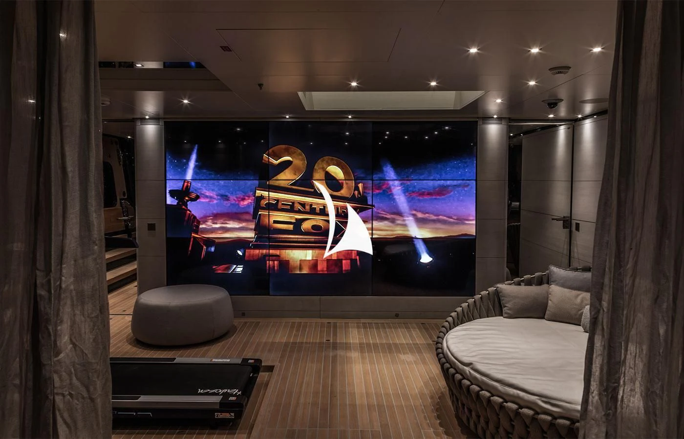 a room with a large screen aboard SEVERIN°S Yacht for Charter