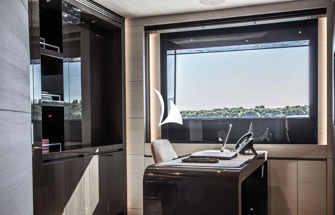 a desk in a room aboard SEVERIN°S Yacht for Charter
