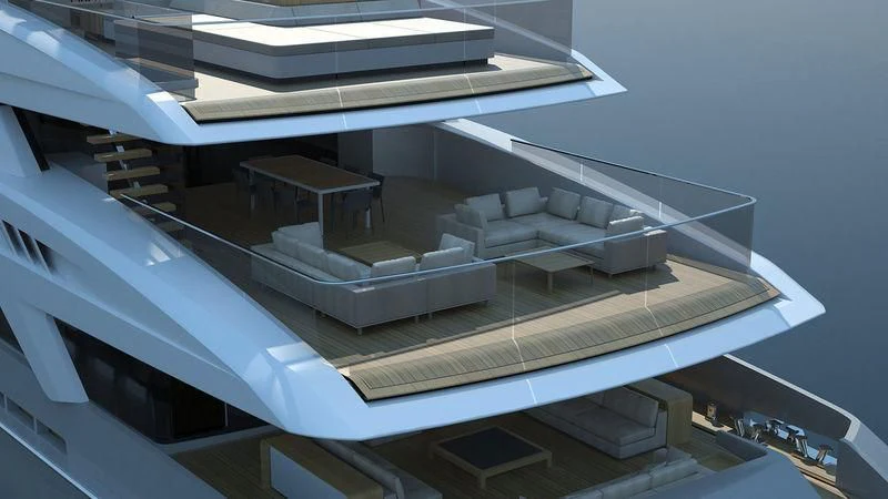 a large white building with a staircase aboard SEVERIN°S Yacht for Charter