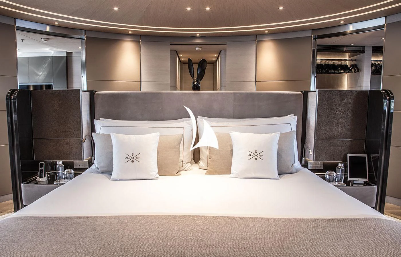 a bed with pillows aboard SEVERIN°S Yacht for Charter