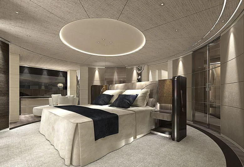 a modern bedroom with a large bed aboard SEVERIN°S Yacht for Charter