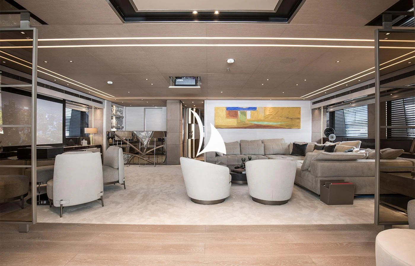 a room with a couch and a television aboard SEVERIN°S Yacht for Charter