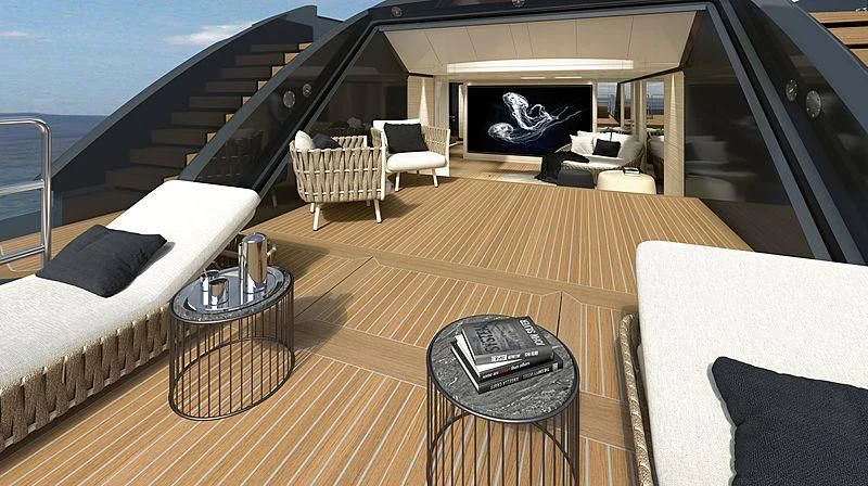 a deck with a table and chairs aboard SEVERIN°S Yacht for Charter