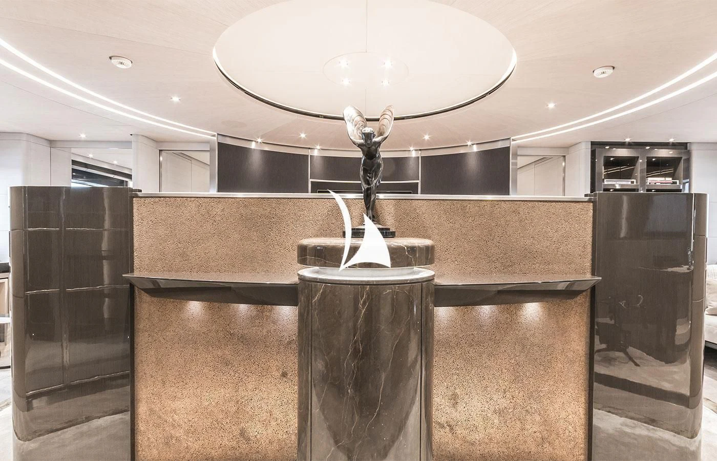 a kitchen with a large chandelier aboard SEVERIN°S Yacht for Charter