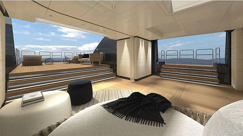 a room with a bed and a large window aboard SEVERIN°S Yacht for Charter