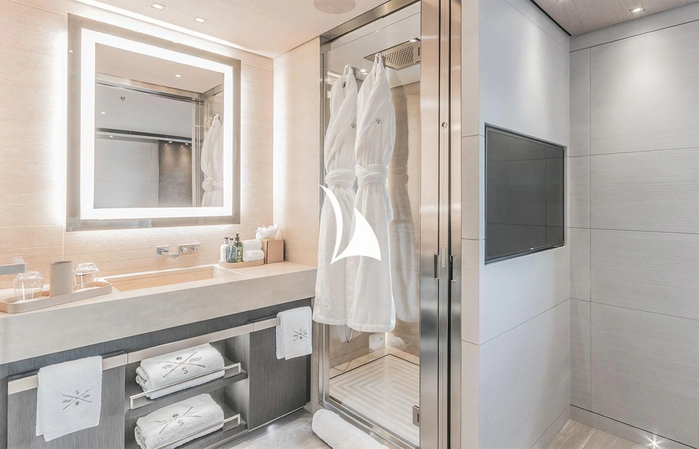 a bathroom with a glass shower aboard SEVERIN°S Yacht for Charter