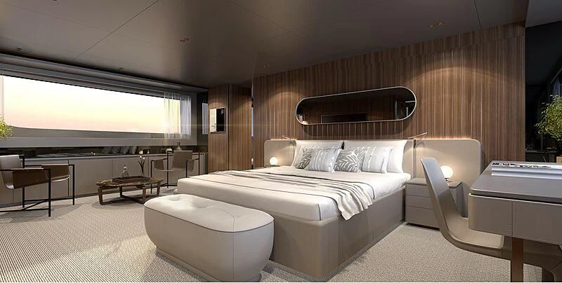 a room with a bed and a chair aboard MARIJA Yacht for Sale