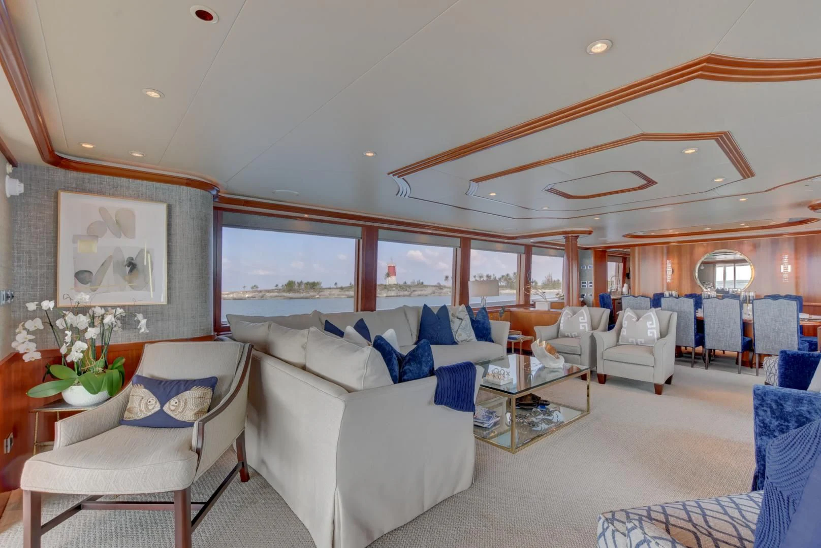 a living room with a large open window aboard GOOD TIMES Yacht for Sale