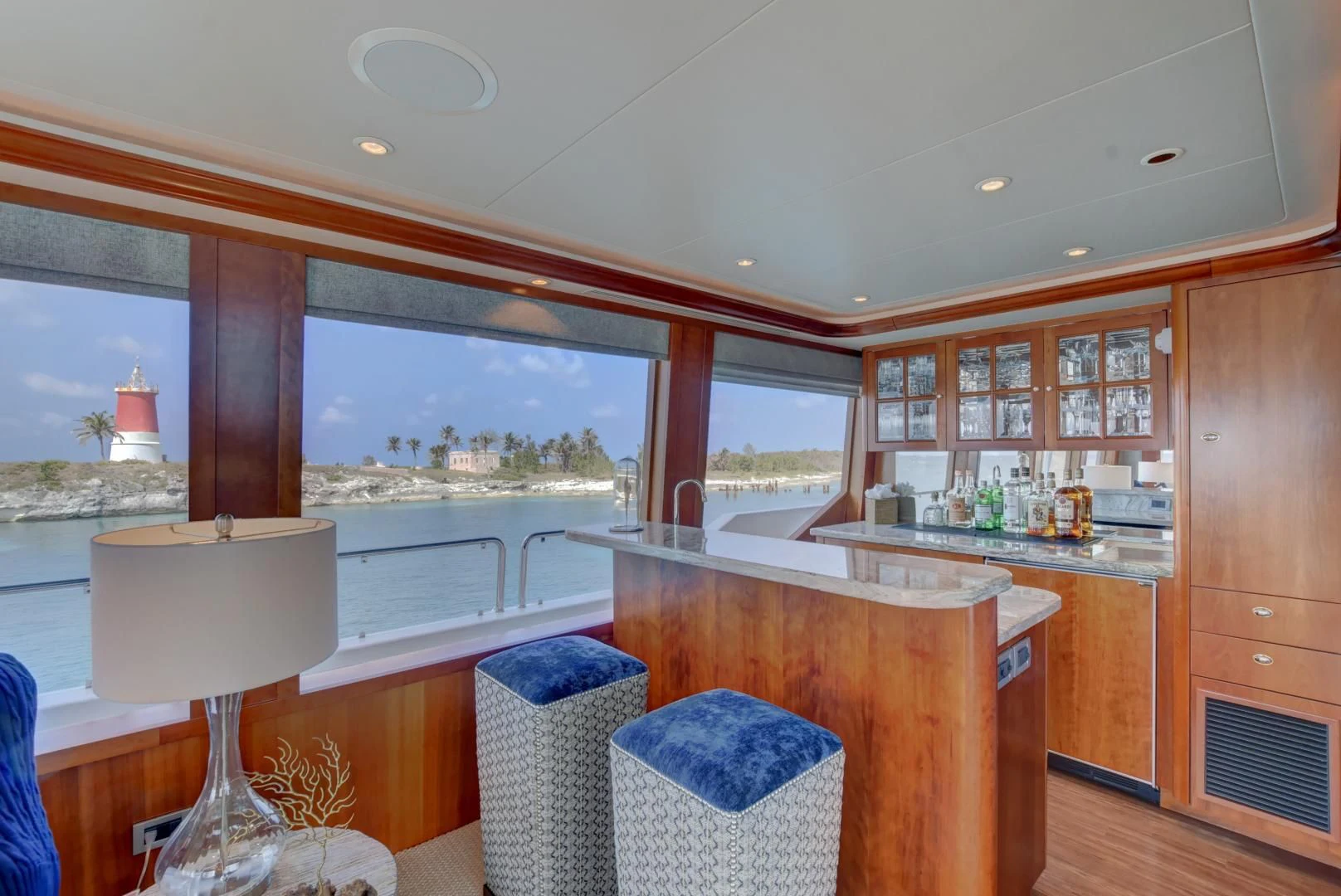 a kitchen with a large window aboard GOOD TIMES Yacht for Sale