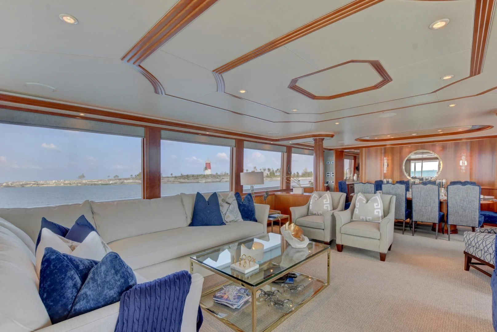 a living room with a large open window aboard GOOD TIMES Yacht for Sale