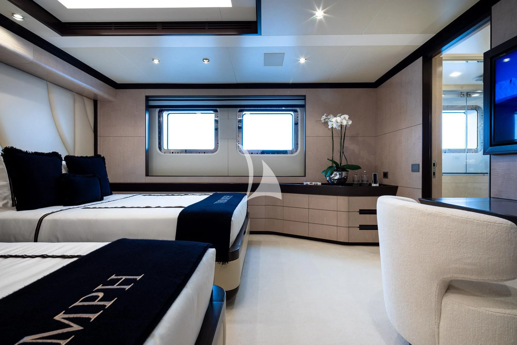 a room with a bed and a tv aboard TRIUMPH Yacht for Sale
