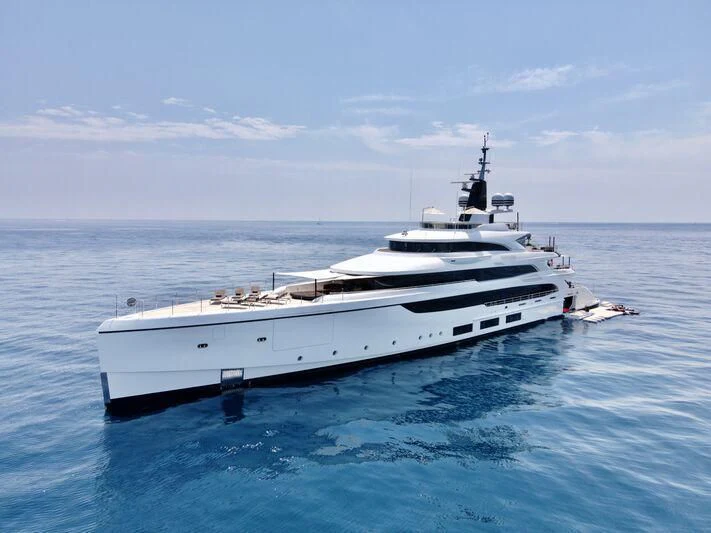 a white yacht in the water aboard TRIUMPH Yacht for Sale