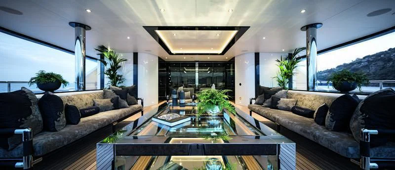 a living room with a large glass window aboard TRIUMPH Yacht for Sale
