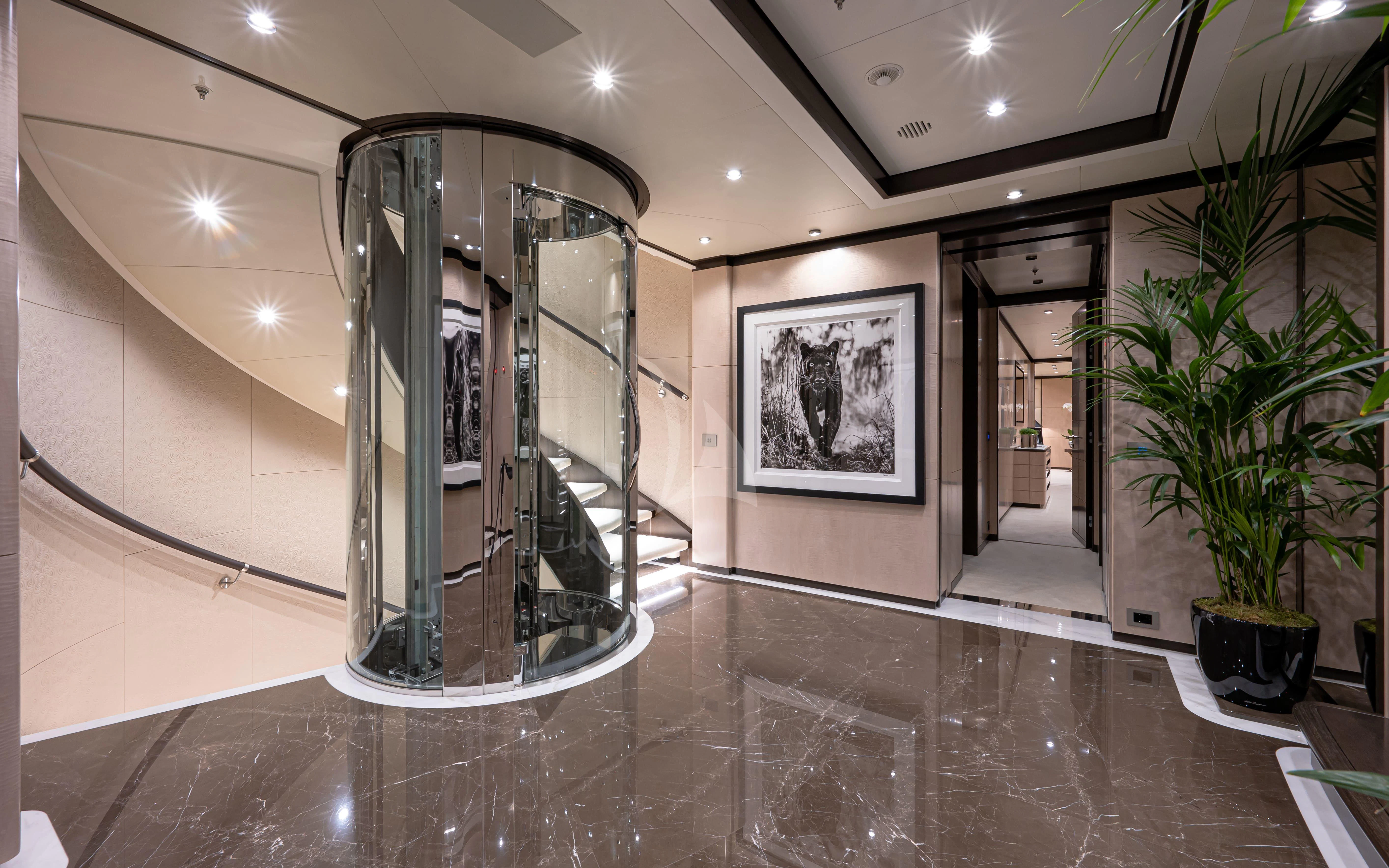 a large glass display case in a room with a plant and a large mirror aboard TRIUMPH Yacht for Sale