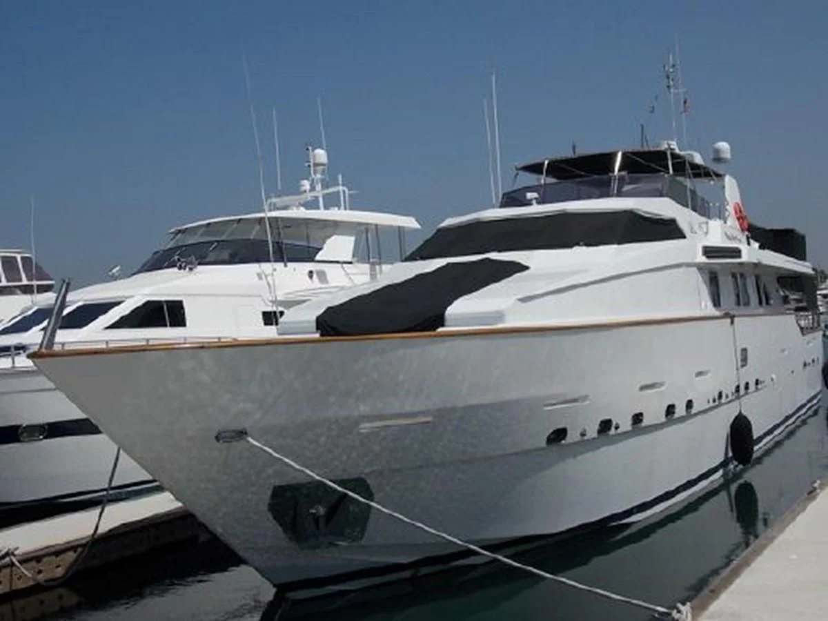 a white yacht docked aboard SILVER SPIRIT II Yacht for Sale
