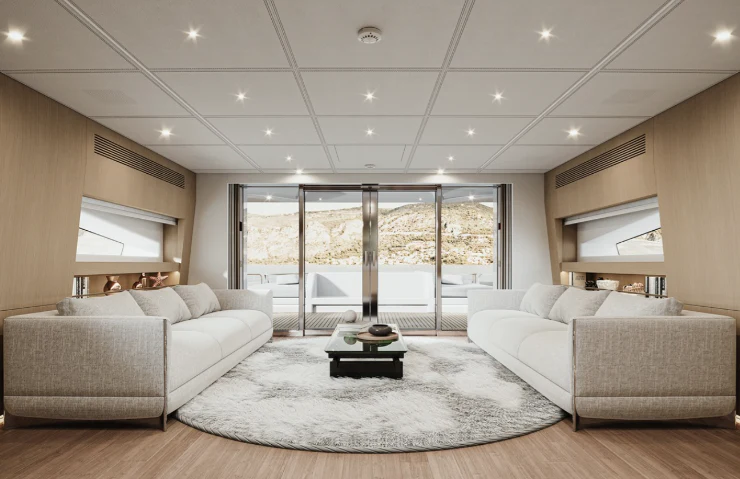 a living room with a large window aboard BEL 1 Yacht for Sale