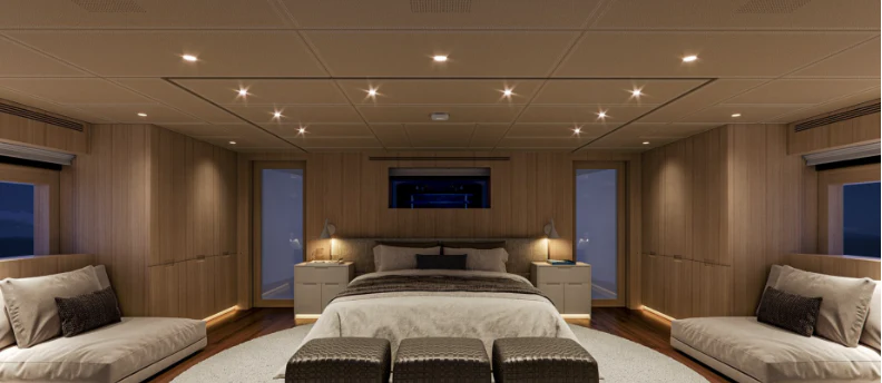 a room with a bed and a television aboard BEL 1 Yacht for Sale