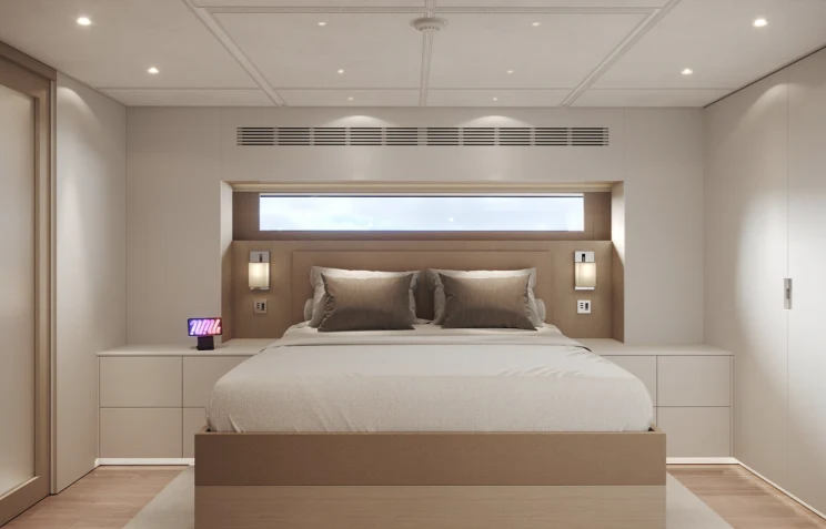 a bed in a room aboard BEL 1 Yacht for Sale