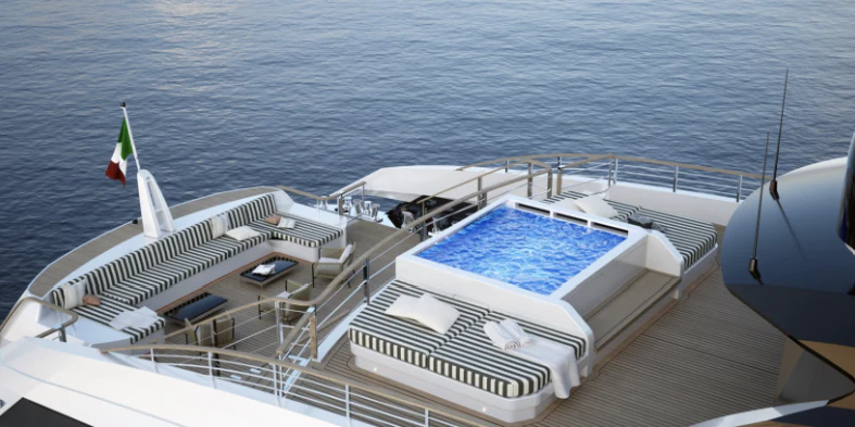 a large cruise ship on the water aboard BEL 1 Yacht for Sale