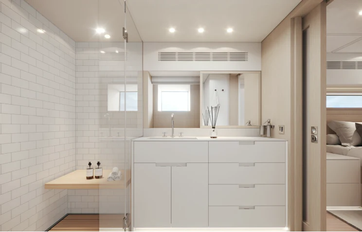 a bathroom with a sink and a mirror aboard BEL 1 Yacht for Sale