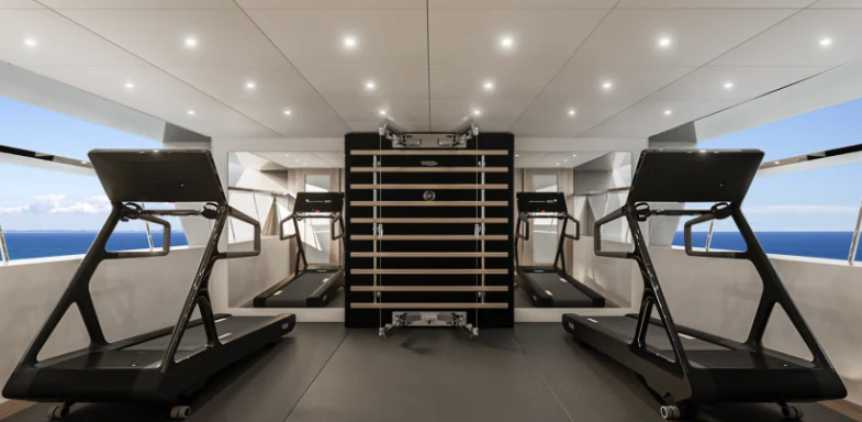 a gym with treadmills aboard BEL 1 Yacht for Sale