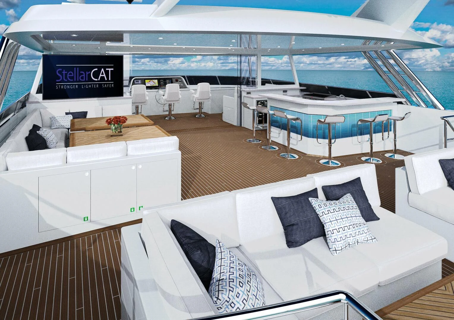 a large lounge area with a pool aboard STELLARCAT AL2502 Yacht for Sale