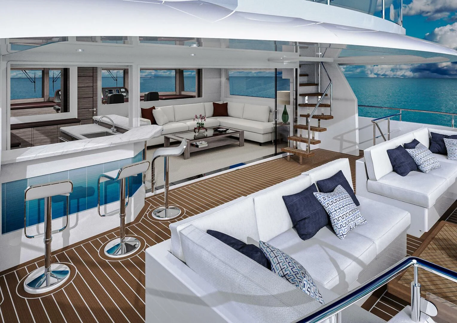 a living room with a large balcony aboard STELLARCAT AL2502 Yacht for Sale