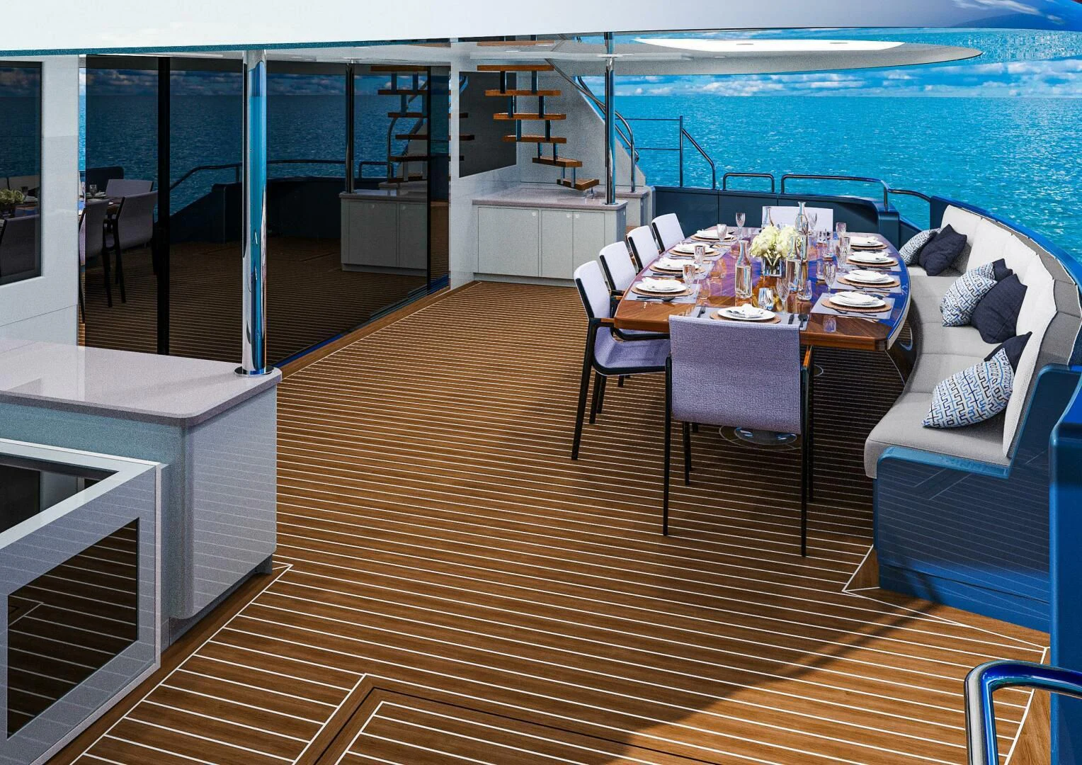 a deck with a table and chairs aboard STELLARCAT AL2502 Yacht for Sale
