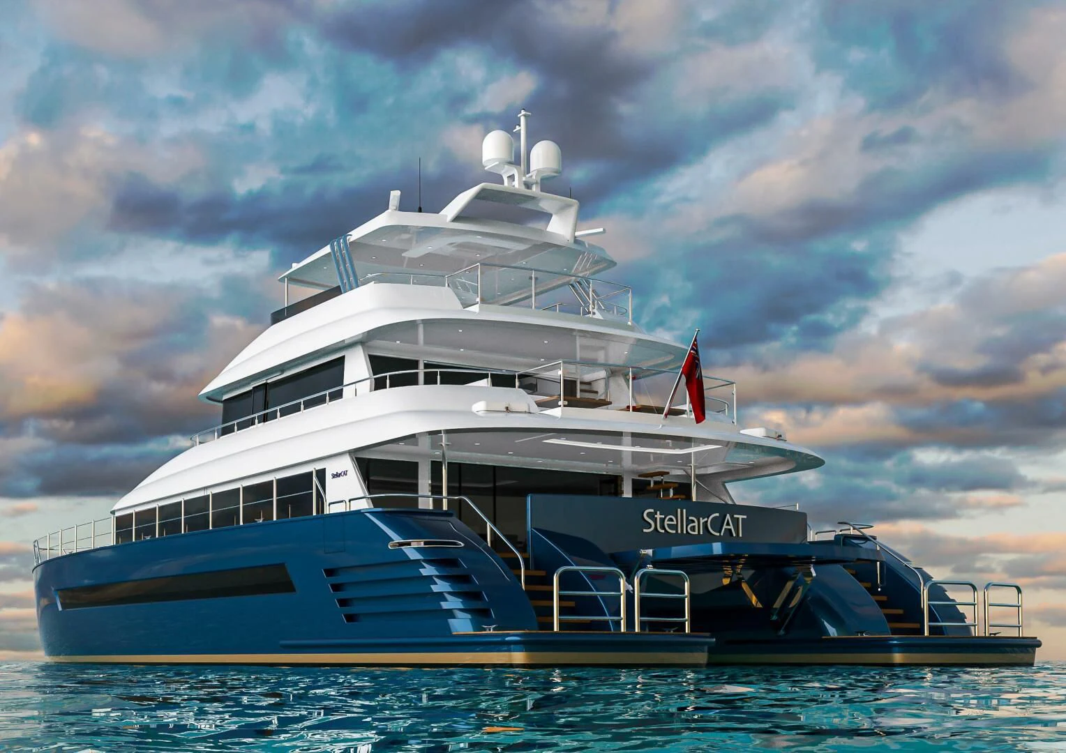 a large white boat on a body of water aboard STELLARCAT AL2502 Yacht for Sale