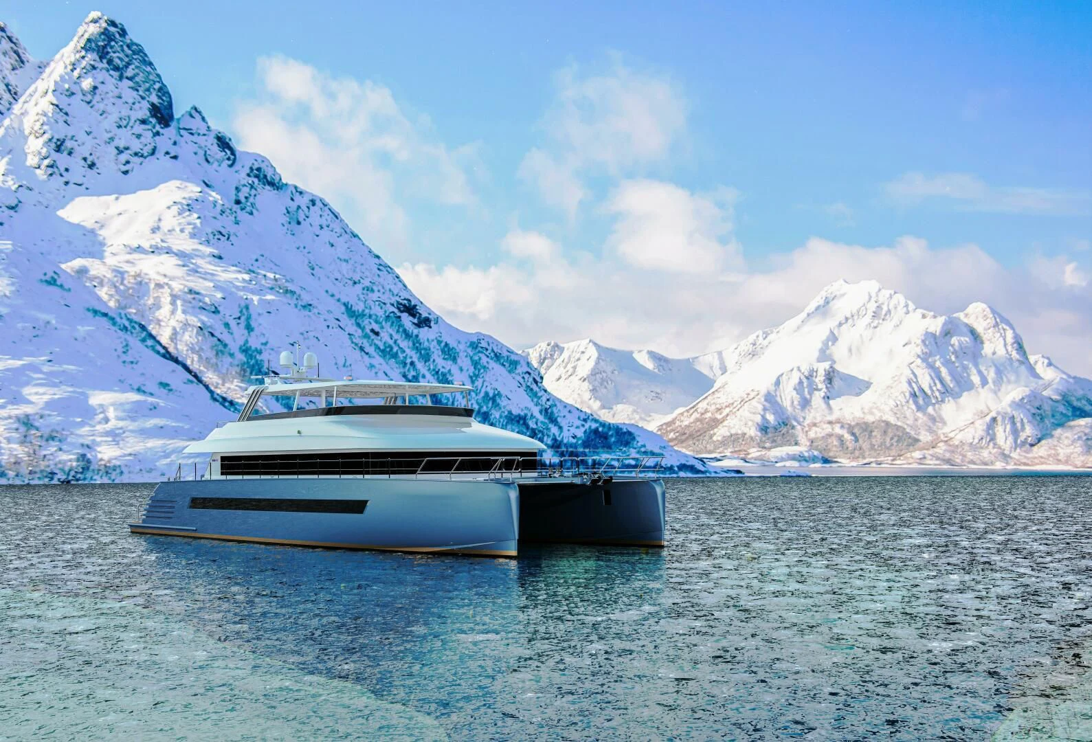 a boat in the water with mountains in the background aboard STELLARCAT AL2502 Yacht for Sale