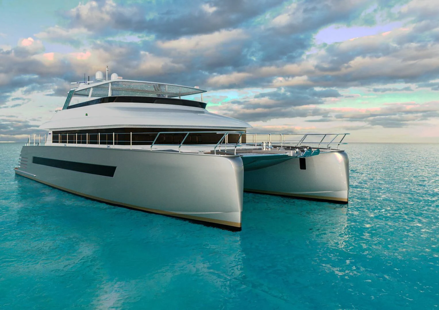 a white boat in the water aboard STELLARCAT AL2502 Yacht for Sale
