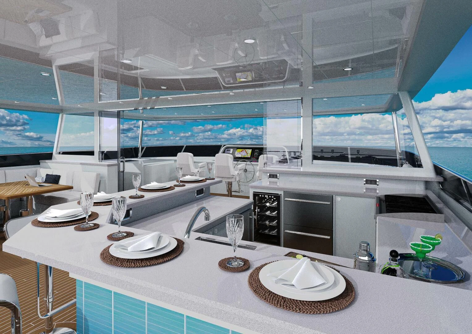 a large kitchen with a large window aboard STELLARCAT AL2502 Yacht for Sale