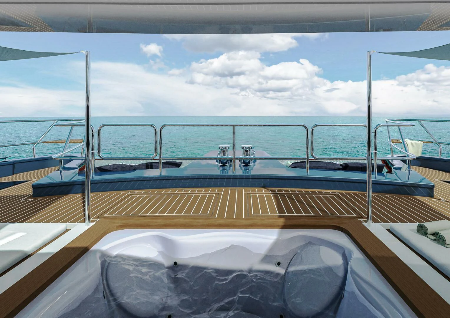 a deck with a railing and a boat on it aboard STELLARCAT AL2502 Yacht for Sale